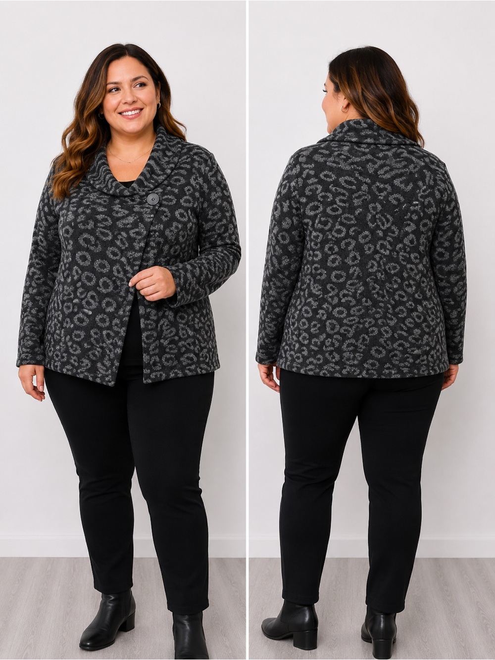 Ricki’s Leopard Print Open Front Cardigan – Women’s Large – Charcoal & Black